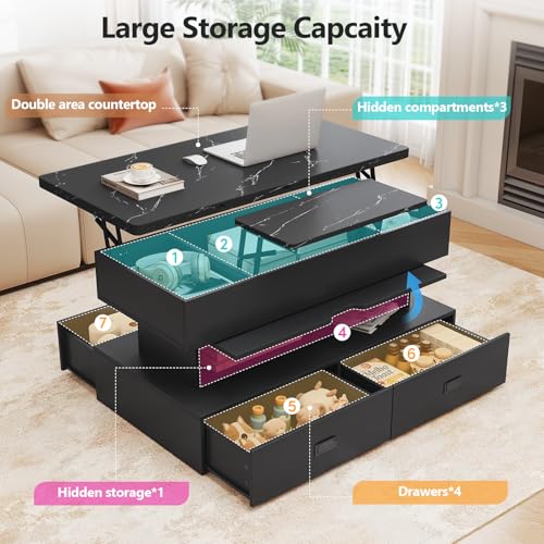 Turosur 40" Lift Top Coffee Table, LED Coffee Tables with Storage and 4 Drawers, Coffee Table with Lifting top for Living Room Home Office, Black - color: Black