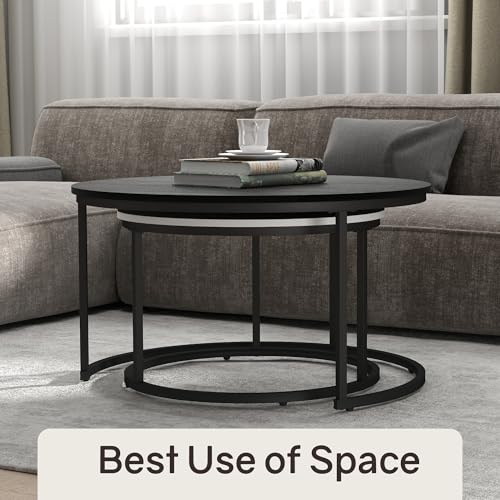 Otterease Nesting Tables Set of 2, Small Round Coffee Table for Living Room | Nesting Coffee Table with Adjustable Non-Slip Feet, Wood Grain Top Nesting Table for Bedroom (Wood Grain Black & White) - color: 31.5" Wood Grain Black&white