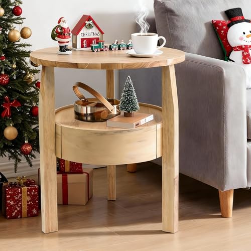 Round Coffee Table with Storage and Hidden Drawer - 20" D x 20" H Natural Wood Side Table with Sliding Drawer, Mid Century Modern Coffee Table, Small Coffee Table for Living Room, Natural Wood Color - color: Beige, size: Small-20" D x 20" H