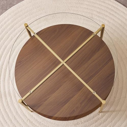 LumFurn Round Coffee Table, Mid-Century Modern Design, D30“ x H17”, for Living Room, 2-Tier Structure, Clear Glass Top and Walnut MDF Shelf, Sleek Conical Metal Legs with Gold Finish - color: D30" Clear & Walnut