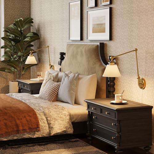 Plug in Wall Sconces Set of Two, Gold Swing Arm Wall Lamp with 6.6FT Plug-in Cord and Knob Switch, Fabric Hardwired Wall Lights for Bedroom, Reading, Study Room, Office, Living Room (2 Pack) - color: Gold-Pleated Fabric Shade, size: 2 Pack