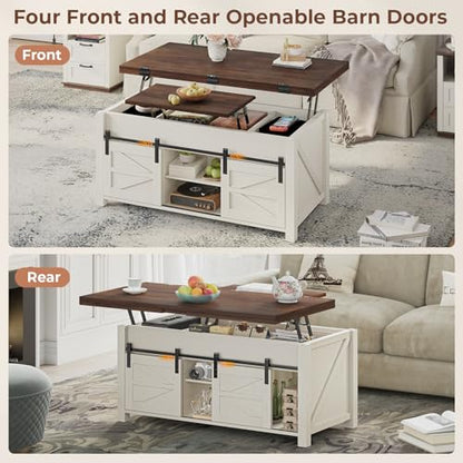 Lift Top Coffee Table for Living Room with 4 Sliding Barn Doors, 4 in 1 Farmhouse Coffee Table with Adjustable Shelves and Hidden Storage Compartment, Converts to Dining Table (Brown White)