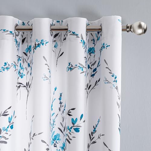 MYSKY HOME Bedroom Curtains 63 Inches Length 2 Panels Set Floral Curtains Thermal Insulated Grommet Curtain Light Filtering Soft Window Botanical Print Leaf Curtains for Living Room, Teal | Thermal Insulated Light Filtering Room Darkening for Bedroom Leaf