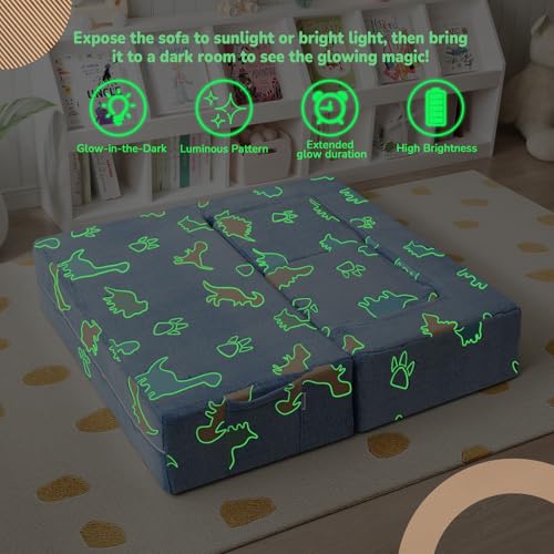 MeMoreCool Glow Modular Kids Couch, Dinosaur | modular foam seating, removable washable cover, dinosaur glow design, lightweight pieces, playroom furniture - color: Denim Dinosaur