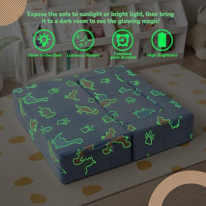 MeMoreCool Glow Modular Kids Couch, Dinosaur | modular foam seating, removable washable cover, dinosaur glow design, lightweight pieces, playroom furniture - color: Denim Dinosaur
