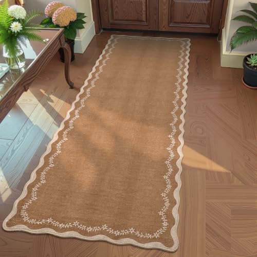 GarveeHome 2x6 Scalloped Washable Runner Rug Non Slip Hallway Kitchen Rug | Soft Brown Runner Entryway Rug Farmhouse Thin Laundry Mat Stain Resistant Carpet for Bedroom Bathroom Beside Rug - color: Brown, size: 2' x 6' (Rectangular)
