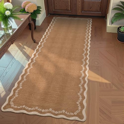 GarveeHome 2x6 Scalloped Washable Runner Rug Non Slip Hallway Kitchen Rug | Soft Brown Runner Entryway Rug Farmhouse Thin Laundry Mat Stain Resistant Carpet for Bedroom Bathroom Beside Rug - color: Brown, size: 2' x 6' (Rectangular)
