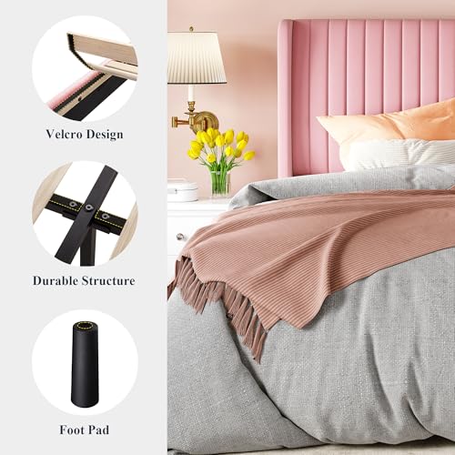 Allewie Queen Size Velvet Bed Frame/Vertical Channel Tufted Wingback Headboard/Upholstered Platform Bed/Strong Wooden Slats/No Box Spring Needed/Easy Assembly/Pink - color: Pink, size: Queen