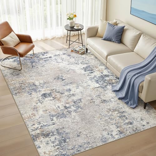 Nakagishi 6X9 Abstract Washable Area Rugs for Living Room-Blue Grey | Modern Non-Slip Silicone Backing Low Pile Soft Carpet for Bedroom Dining Decor Ideal for Families with Kids and Pets - color: Blue Gray, size: 6' x 9' (Rectangular)