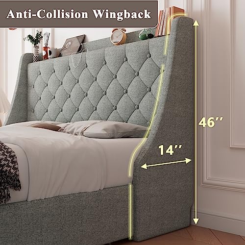 Feonase Upholstered Full Size Bed Frame with 4 Storage Drawers, Charging Station and Tufted Wingback Storage Headboard, No Box Spring Needed, Easy Assembly, Light Grey - color: Light Grey, size: Full