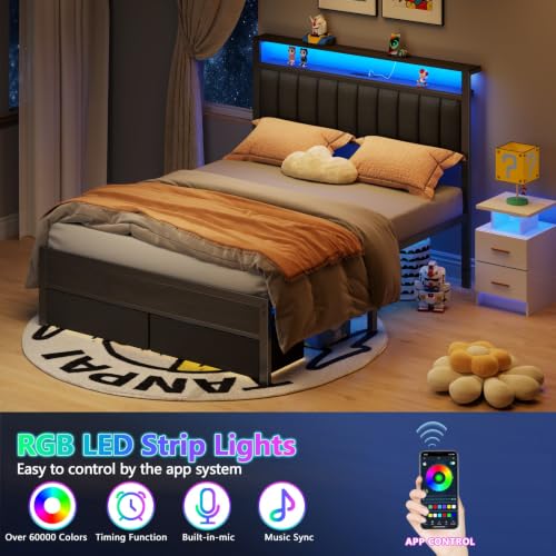 Queen Bed Frame with Storage Drawers and Upholstered Headboard | Metal Platform Bed with Charging Station, LED Lights, 2 Tier Shelves, Fabric Drawers. No Box Spring Needed, Noise Free, Grey - size: Queen