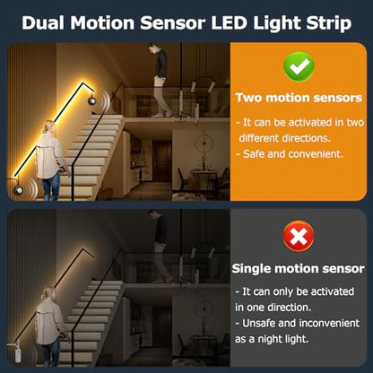 Dual Motion Sensor Light Strip Indoor Under Bed Lights Warm White 16.4Ft | Motion Activated LED Strip Lights, Auto On/Off, Two-End Motion Sensors Night Lighting 12V For Bedside Stair Cabinet Hallway - size: 16.4ft-Two Motion Sensors
