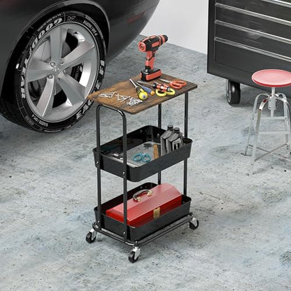 Simple Houseware 2-Tier Utility Cart Wood Top/Lockable Wheel, Rustic Brown | 2-Tier Metal Storage Organizer Trolley for Kitchen, Bathroom, Office, Craft Room - color: Rustic Brown
