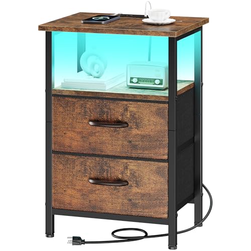 Night Stand Bedside Table Bedroom, LED Nightstand with Charging Station, End Table with USB Ports & Outlets, 24.2" Tall Bed Side Table with 2 Fabric Drawers and Storage Shelf, Rustic Brown - color: Rustic Brown, size: 1 Piece, style: With LEDs
