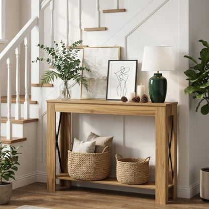 Farmhouse Console Table, 39.4'' Small Narrow Entryway Table, Wood Couch Table Behind Sofa with Storage Shelf, Slim Farmhouse Hallway Table for Living Room, Hallway, Foyer, Light Walnut CT34VV - color: Light Walnut