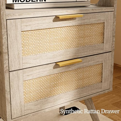 Rattan Nightstand,Farmhouse Bedside Table with 2 Storage Drawer and Open Wood Shelf, for Bedroom and Small Spaces,Night Stand with Solid Wood Legs (Grey Oak) - color: Grey Oak
