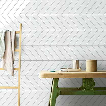STICKGOO Herringbone Peel and Stick Backsplash, White/Grey Grout, 10 Sheets | 12.6 x 9.7 in, Thicker Rectangular Vinyl Stick-On Wall Tiles, Easy Alignment, Waterproof, Easy to Clean, Kitchen/Bathroom - color: White With Grey Grout, size: Pack of 10