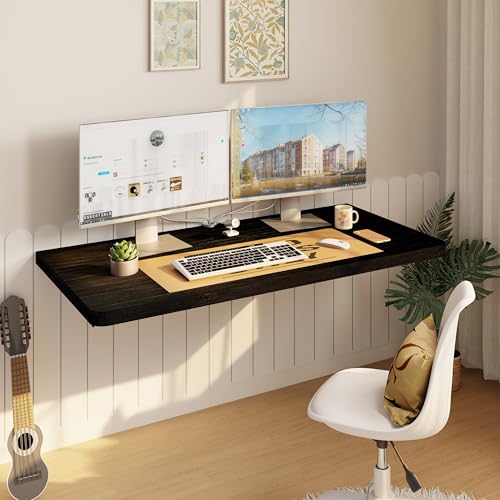 IAE Floating Wall Mounted Folding Table Desk with Pine Wood,36x22in, Black | Foldable Workbench,Fold Down Wall Mounted Foldable Desk with Shelf Brackets,Laundry Folding Table for Home,Dining,Kitchen - color: Black, size: 36*22*10 Inch