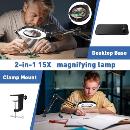 15X Magnifying Glass with Light & Stand,Real Glass,RTM Safety Protection,5 Colors Stepless Dimmable Eye-Caring LED,2-in-1 Hands-Free Desk & Clip-On Magnifier for Reading Crafts Painting & Repair