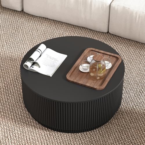 31.5" Round Coffee Table with Storage, Modern Accent Coffee Tables with Fluted Base, Wooden Circle Center Table for Living Room Small Space Apartment Office (Black) - color: Black 31.5" Round Flip-top