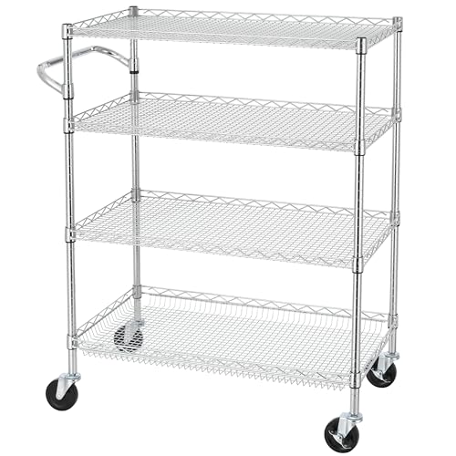Finnhomy 4 Tier Heavy Duty Commercial Grade Rolling Cart with Handle Bar, Metal Wire Utility Cart with Wheels, Kitchen Service Trolley on Wheels, Shelf Size 18" D x 36" W, NSF, Chrome - size: 36"L x 18"W x 46.4"H-4 Tier, style: Chrome Cart