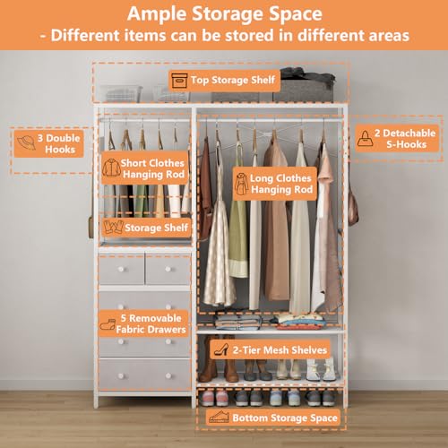Freestanding Clothes Rack with 5 Drawers & 4 Storage Shelves,2 Hanging Rods | 59.1" W*70.9" H Heavy Duty Clothing Rack, Wardrobe Closet Organizer System with 5 Hooks, Garment Rack (White) - color: White
