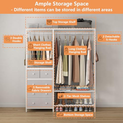 Freestanding Clothes Rack with 5 Drawers & 4 Storage Shelves,2 Hanging Rods | 59.1" W*70.9" H Heavy Duty Clothing Rack, Wardrobe Closet Organizer System with 5 Hooks, Garment Rack (White) - color: White