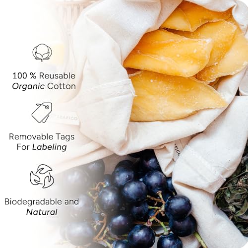 Organic Cotton Reusable Produce Bags - Small 5x7 (12 Pack) - Biodegradable Eco-Friendly Bulk Bin Sacks for Food - Cloth Bags with Drawstrings - Linen Pouch for Fruit, Vegetable Storage - size: Small 5x7" (12 Pack)