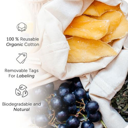 Organic Cotton Reusable Produce Bags - Small 5x7 (12 Pack) - Biodegradable Eco-Friendly Bulk Bin Sacks for Food - Cloth Bags with Drawstrings - Linen Pouch for Fruit, Vegetable Storage - size: Small 5x7" (12 Pack)