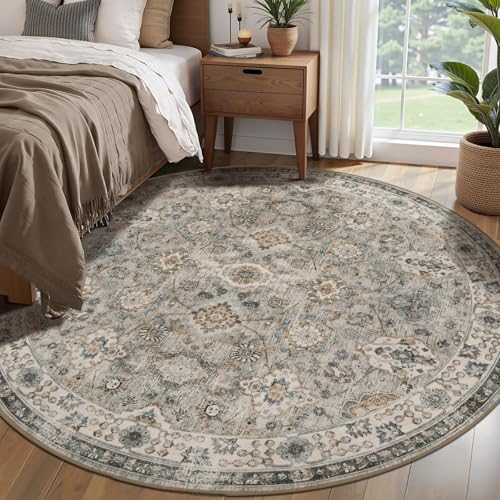 Tangsoo Round Rug 4ft Washable Small Circle Rug Non Slip,Vintage Beige Rug | Soft Low Pile Boho Floral Circular Rug, Washable Farmhouse Round Carpet for Bedroom,Entryway,Nursery,Dorm,Office,Dinning Room - color: Distressed Beige Grey, size: 4' X 4' (Round