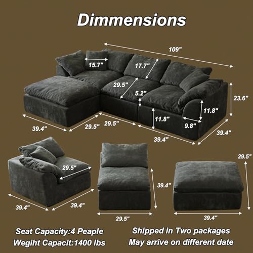 Cloud Couch Sectional for Living Room, Modular L Shaped Boneless Sofa with Chaise, Compressed No Assembly Couch, Deep Seat Chenille Upholstered Convertible Sofa Bed (Black) - color: Black