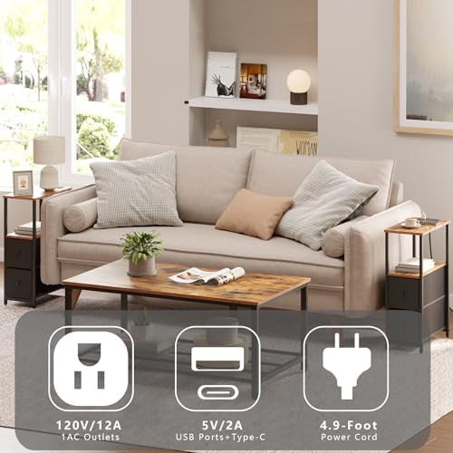 TUTOTAK Narrow End Table with Charging Station, Skinny Side Table | Bedside Table with Outlets, Nightstand with 2 Cloth Drawers, Couch Table for Living Room, Bedroom, Brown and Black TB01BB055K - color: Brown and Black, style: 2 Drawers & Plug