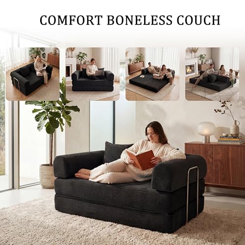53.15" Boneless Couch,4-in-1 Futon Sofa Bed Modular Loveseat Sleeper Folding Compressed Couch with Pillows,No Assembly Required Convertible Sofa Bed for Living Room Bedroom Guest Room,Black - color: Black, size: 53.15" Loveseat Sofa