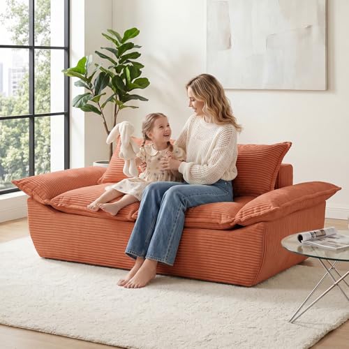 56" Boneless Loveseat Sofa, 2-Seater Boneless Sofa with Removable Cushions & 2 Pillows, Small Deep Seat Boneless Couch Compress Foam Sofa for Living Room, Apartments, & Office - color: Orange, size: Loveseat（56")
