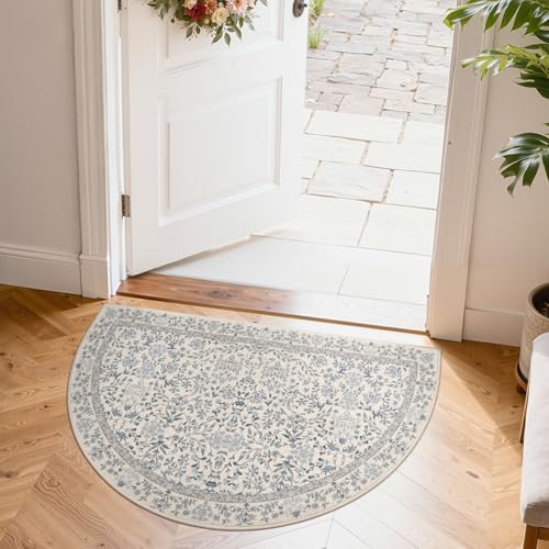 jinchan 2x3 Washable Half Circle Entryway Rug, Vintage Floral, Blue/Cream | Non-Slip, Soft Low-Profile Botanical Carpet, Small Dirt-Trapping Doormat for Entrance Kitchen Bedroom Bathroom - color: Blue/Cream, size: 1'9" x 3' (Semicircular)