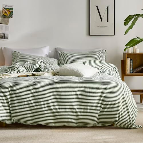 JELLYMONI 100% Cotton Classic Striped King Duvet Cover Set, Green/White | Breathable Softness, Oeko-Tex Certified, Classic Stripes, 8 Corner Ties & Double Hidden Zipper - color: Classic Stripe - Green/ Whtie, size: King(104"×90")