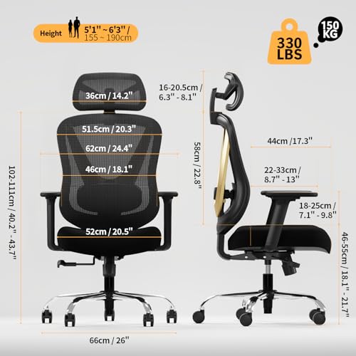 Ergonomic Mesh Office Chair - 3D Adjustable Lumbar Support & 3D Armrests, V-Shaped Back, Adjustable Desk Chair for Office & Home, Black and Gold - color: Black+gold