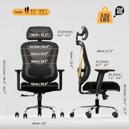 Ergonomic Mesh Office Chair - 3D Adjustable Lumbar Support & 3D Armrests, V-Shaped Back, Adjustable Desk Chair for Office & Home, Black and Gold - color: Black+gold