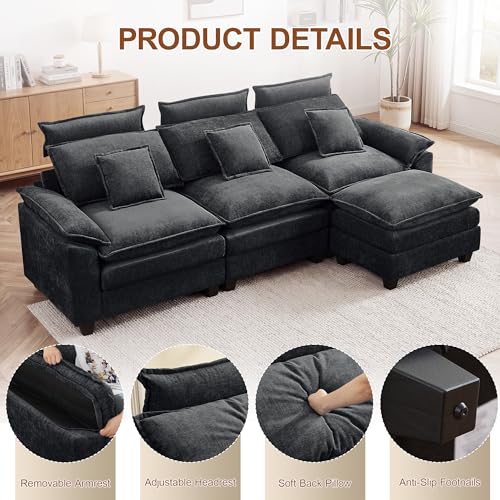 103'' Modular L Shaped Sofa, Cloud Deep Seat Sofa Couch with Ottoman, Detachable Headrest, 3 Seater Sectional Sofas for Living Room, Apartment, Studio, Dark Grey - color: Dark Grey, size: L Shaped Couch