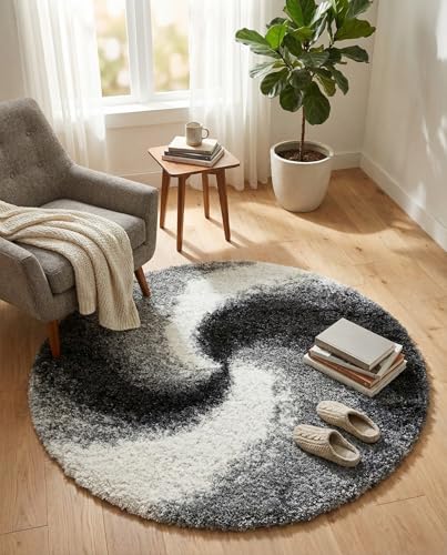 Rugs.com Soft Touch Shag Collection Round Rug – 4 Ft Circular Smoke Grey Shag Rug Perfect for Kitchens, Dining Rooms - color: Smoke Gray, size: 4' (Round)