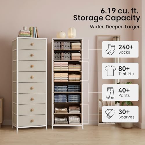 Fabric Dresser for Bedroom, 8 Drawer Tall Vertical Skinny Tower (Beige) | Wooden Top, Steel Frame, Easy Pull Bin,Organizer Unit for Living Room, Hallway, Entryway, Nursery, Closets - color: Beige, style: Narrow-8 Drawers
