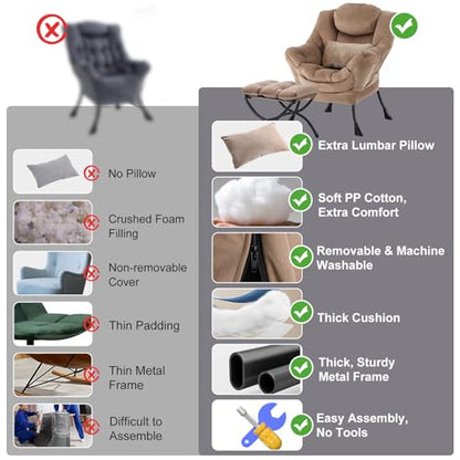 Lazy Chair with Ottoman, Velvet Reading Chair with Pillow，Black | Comfy Accent Lounge Chair with Pillow & folding Foot Stool, sturdy metal frame for bedroom, dorm or apartment, Living Room - color: Pure Khaki