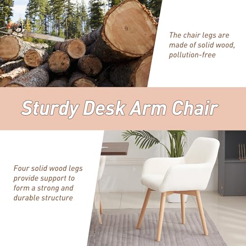 Desk Chair No Wheels Vanity Chair Makeup Chair Comfy Accent Chair for Living Dining Room Bedroom Home Office Mid Century Modern Upholstered Armchair Sofa with Wood Legs (Wool White, 1) - color: Wool White