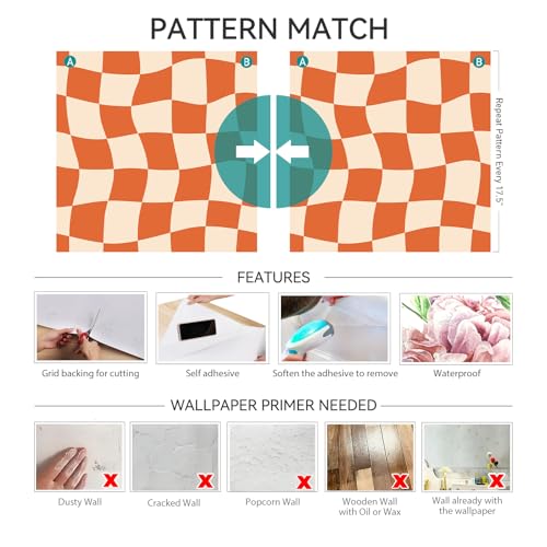 Retro Checkered Wallpaper Peel and Stick Burnt Orange Beige Pink Checkered Contact Paper Waterproof 70s Groovy Mid Century Modern Geometric Wallpaper MCM Wavy Checkerboard Desk Wrap 17.5x80 - size: 17.5" x 80"