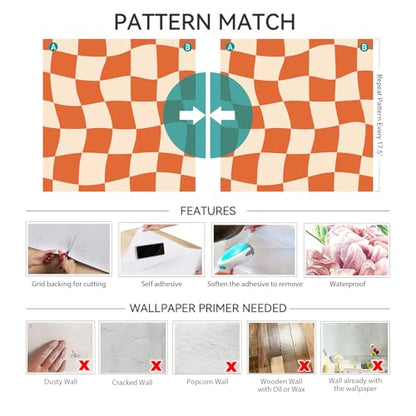 Retro Checkered Wallpaper Peel and Stick Burnt Orange Beige Pink Checkered Contact Paper Waterproof 70s Groovy Mid Century Modern Geometric Wallpaper MCM Wavy Checkerboard Desk Wrap 17.5x80 - size: 17.5" x 80"