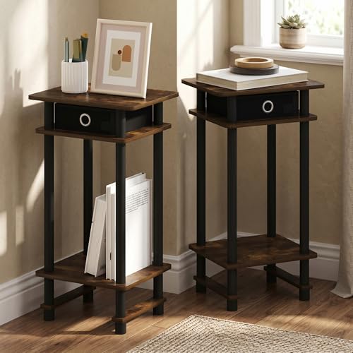 3-Tier Set of 2 Tall Narrow Modern End Table, Night Stand with Storage Bin, Open Shelf Bedside Table, Toolless Assembly Side Table, for Bedroom, Living Room, Amber Pine - color: Amber Pine/Black, size: 3 Tier, Set of 2