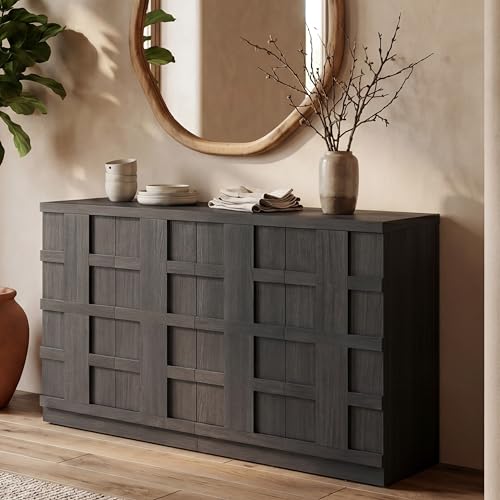 VividVibe Sideboard Buffet Cabinet with Storage, 62.6”W Credenza Storage Cabinet, Large Cabinet with 6 Compartments, Console Table for Dining Room, Kitchen, and Living Room, Entryway (Charcoal Oak) - color: Charcoal Oak
