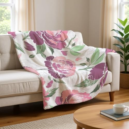 Pastel Pink Peony Flower Flannel Throw Blanket Soft Warm Cozy Throw for Women Mothers Blankets Decor Gifts for Bed Couch Sofa 40 X 50 Inch - size: 40 × 50 inch
