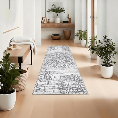 2x6 Non-Slip Washable Boho Kitchen Runner Rug | Faux cashmere, barefoot comfort, slip-resistant on tile/wood, machine washable, versatile use for kitchen, hallway, entryway - color: Grey, size: 2'x6' Medium