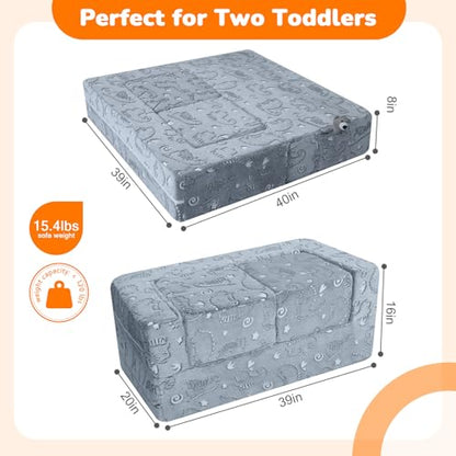 MeMoreCool Glow Dinosaur Kids Couch, Gray Modular Fold Out Play Couch | Glow Dino Foam Kids Sofa Set, Machine-Washable Cover - color: Grey Dinosaur